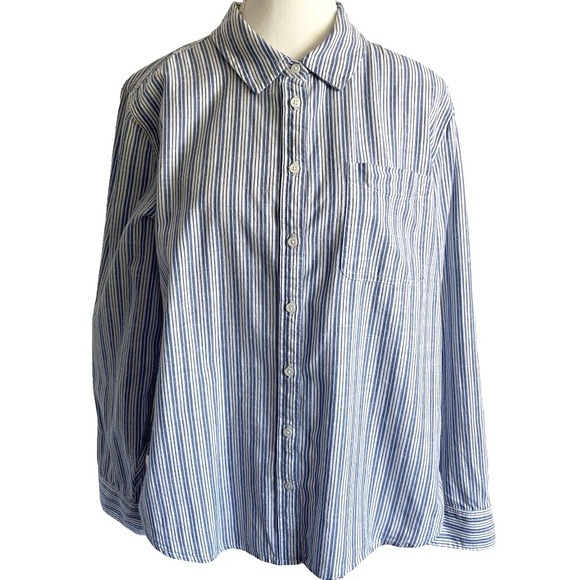 Lucky Brand Womens Cotton Blue/White Stripe Coastal Nautical Casual Shirt-Sz-M - Picture 1 of 16